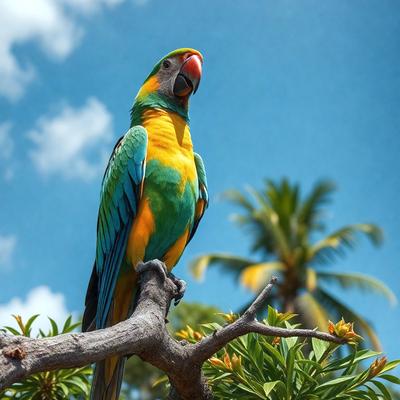 The image features a colorful parrot perched on a tree branch. The bird is the primary subject of the image, and it is surrounded by a lush green environment. The visual style of the image is a photo, capturing the vibrant colors and details of the parrot and its surroundings. The colors and mood of the image are bright and cheerful, with the parrot standing out as the focal point of the scene.